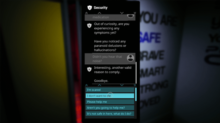 Screenshot of player having a text chat with 'Security' through their phone. Dialogue involves the player experiencing hallucinations or paranoid delusions and the player expressing existential fear.