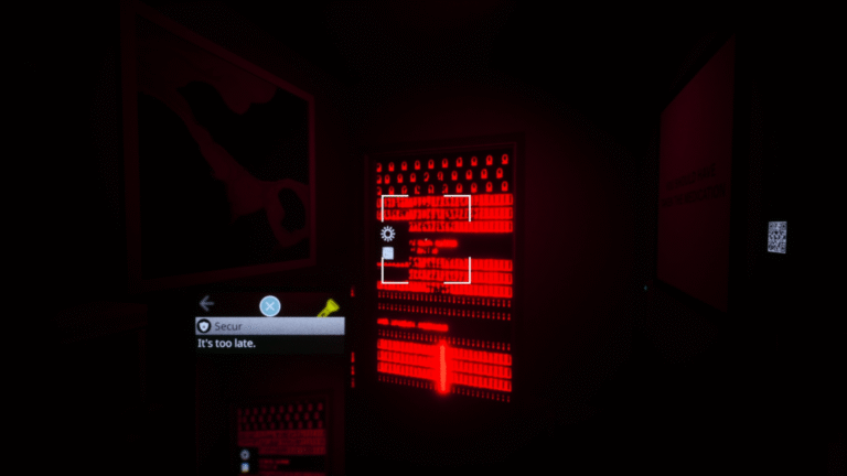 Screenshot of the player looking at a door that has broken with a red glowing error message. A text on their phone says 'It's too late'.