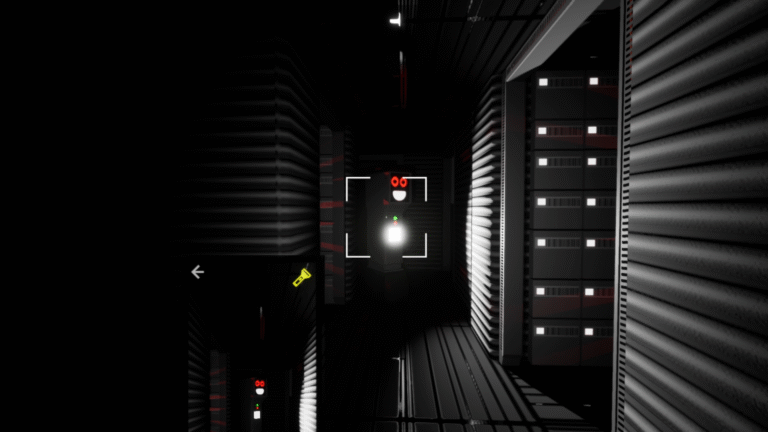 Screenshot of the player in a dark warehouse like room. Their is a robot with red eyes smiling, turning towards the player.